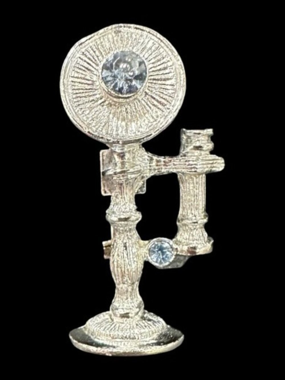Signed Gerrys Antique Silver-Tone Telephone Brooch With Blue Rhinestone Accents